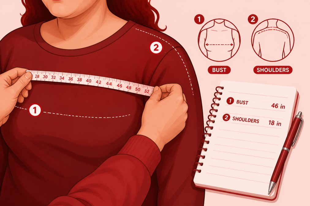 Close-up of hands holding a soft measuring tape against someone's chest and shoulders, with a notebook and pen nearby showing fit measurements written down