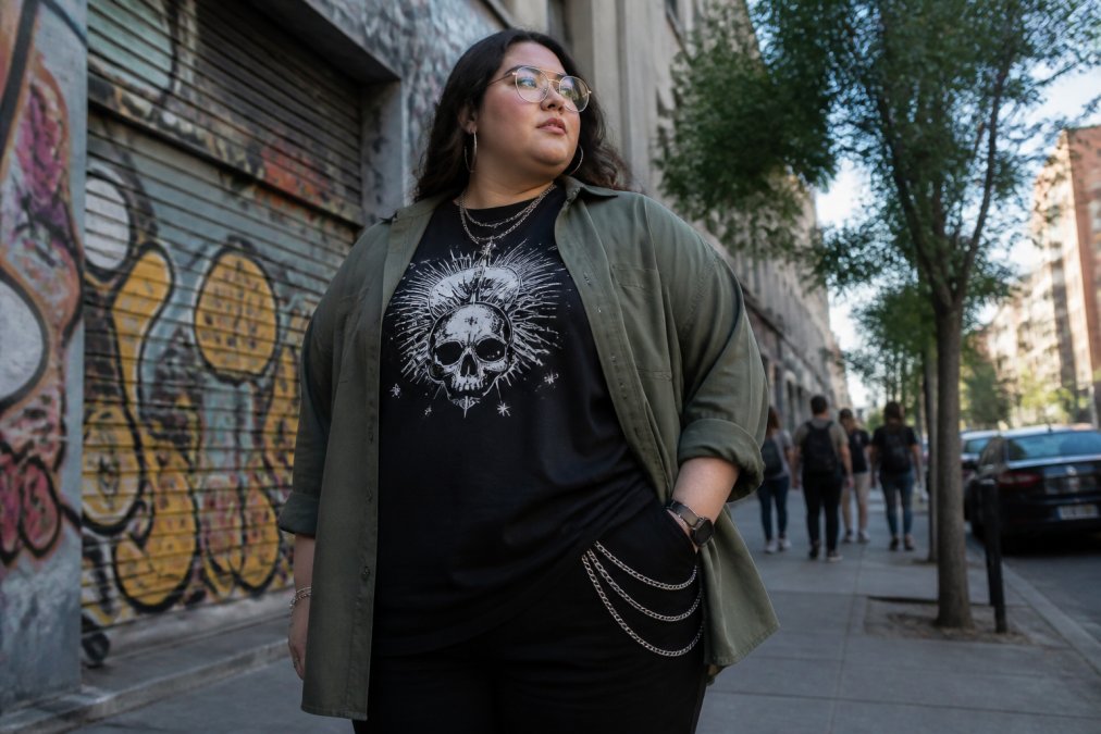 Person wearing an oversized graphic tee layered with an open button-up shirt and chain accessories, standing confidently on a city street with natural daylight