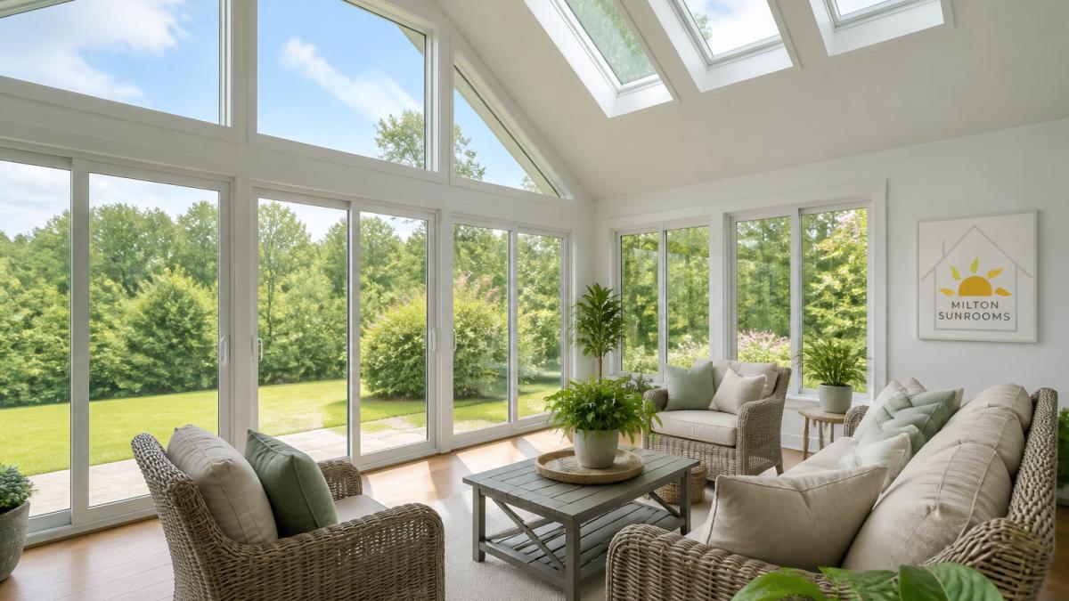 Bright, airy sunroom with large windows and skylights, natural light streaming through glass panels, comfortable wicker seating arranged around a small table, showing the indoor-outdoor living aesthetic with views of green landscape beyond