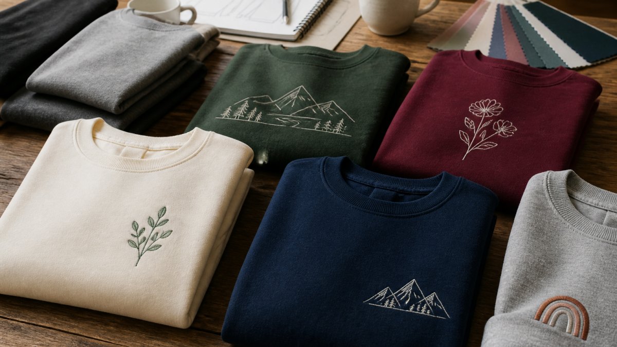 A flat lay of folded custom sweatshirts in various colors arranged on a wooden table, showing different printed designs and embroidery details, with a notebook and fabric swatches nearby