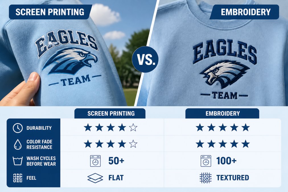 Close-up of screen-printed team logo on sweatshirt sleeve showing vibrant color detail and flat finish, held up in natural daylight with embroidered comparison sweatshirt visible in background