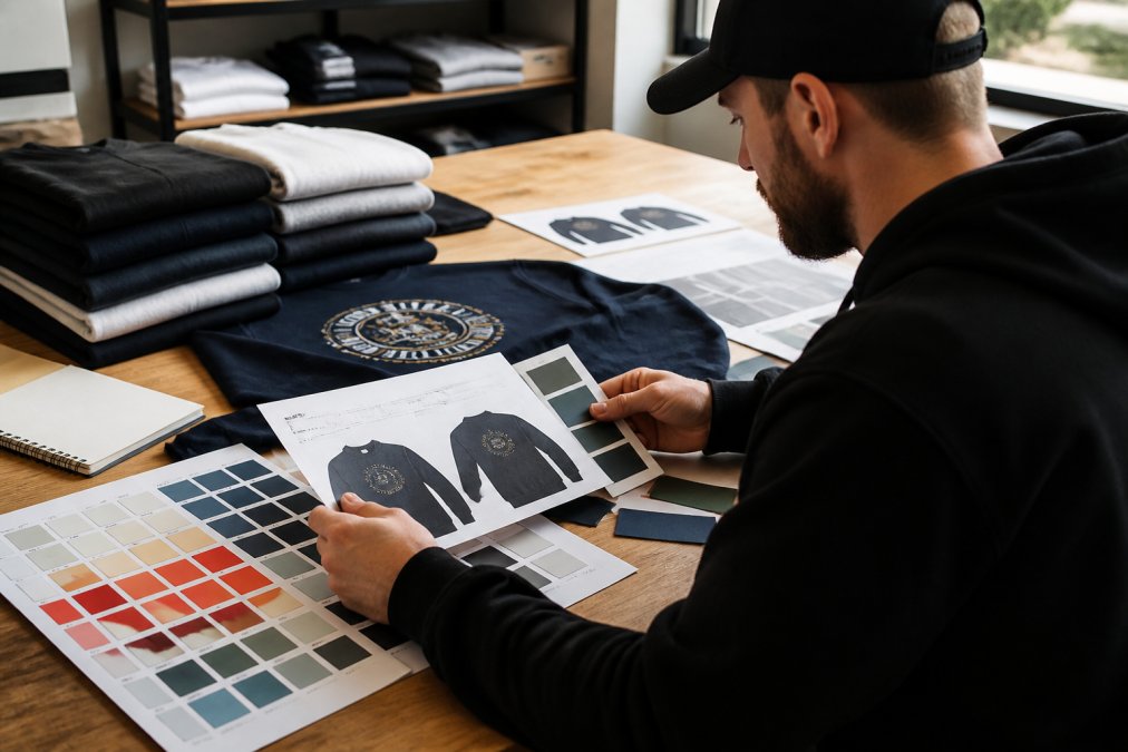 Designer reviewing custom sweatshirt mockup on laptop screen with Pantone color swatches and design proof materials spread across desk in natural office lighting