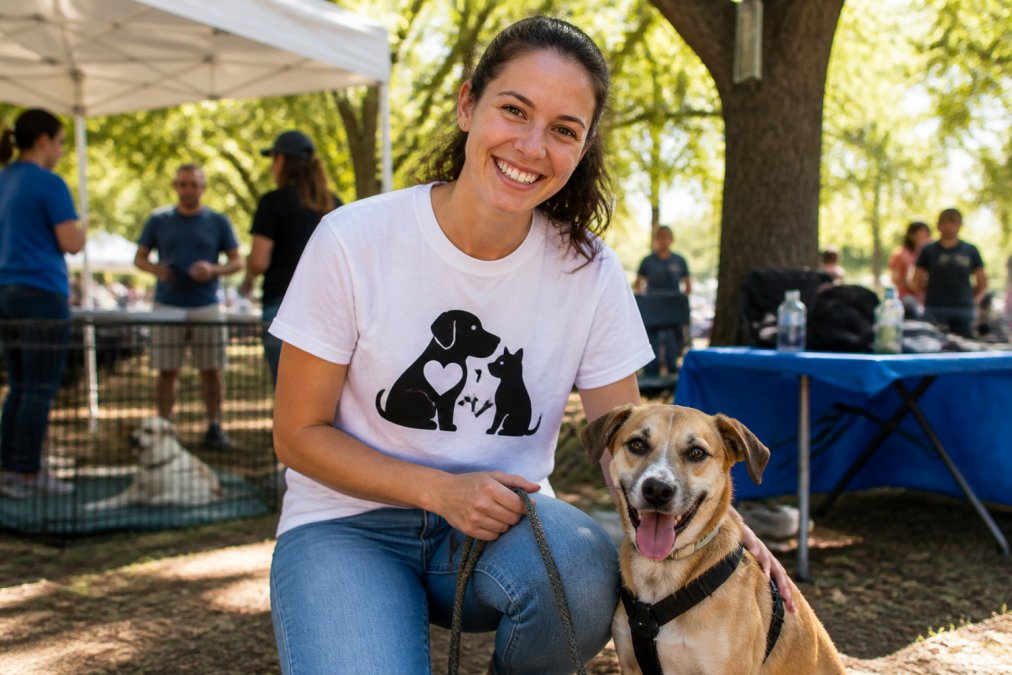 A happy volunteer wearing a custom rescue t-shirt with an adopt don't shop design, holding a leashed rescue dog at an outdoor adoption event, bright daylight, shallow depth of field