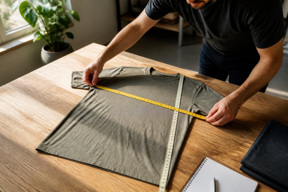 Person carefully measuring a t-shirt laid flat on a table with measuring tape, showing proper measurement technique for chest width and length, with natural lighting from window