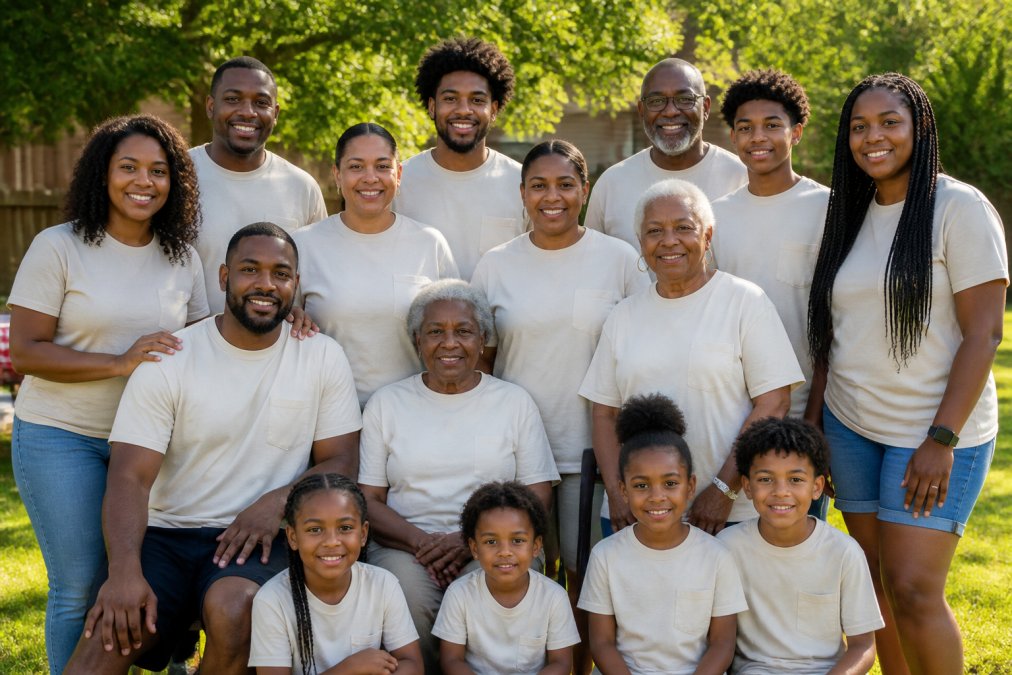 Three generations of family members wearing matching personalized family reunion t-shirts at an outdoor backyard gathering, smiling together in natural sunlight