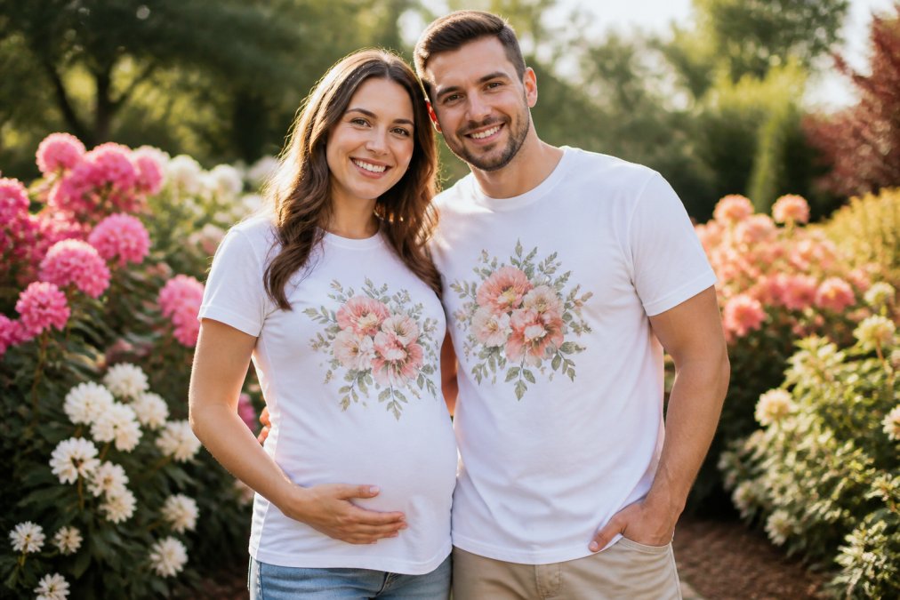 Expecting mother and father wearing matching floral baby announcement t-shirts, posing together outdoors in natural sunlight with blooming flowers in the background