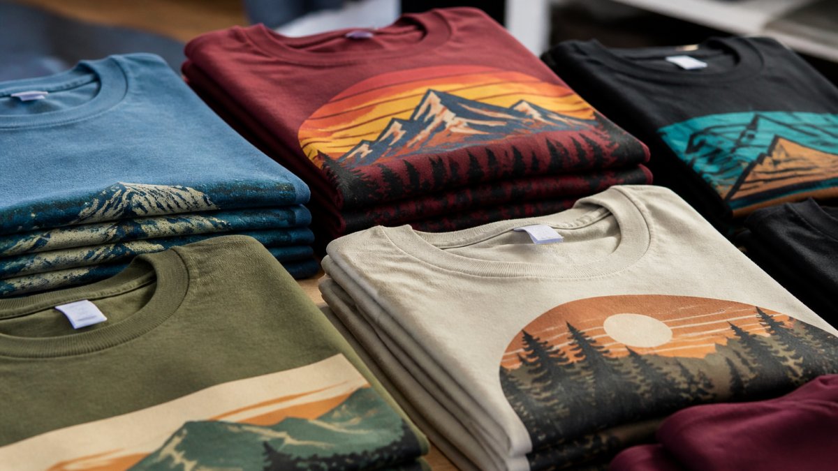 Close-up of folded custom printed t-shirts in various colors stacked together, showing print quality and garment details with natural lighting
