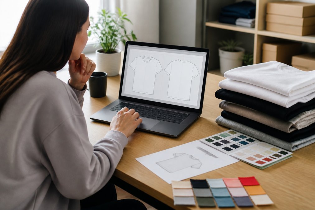 Person reviewing a custom t-shirt printing design on a laptop with fabric swatches in a bright home office