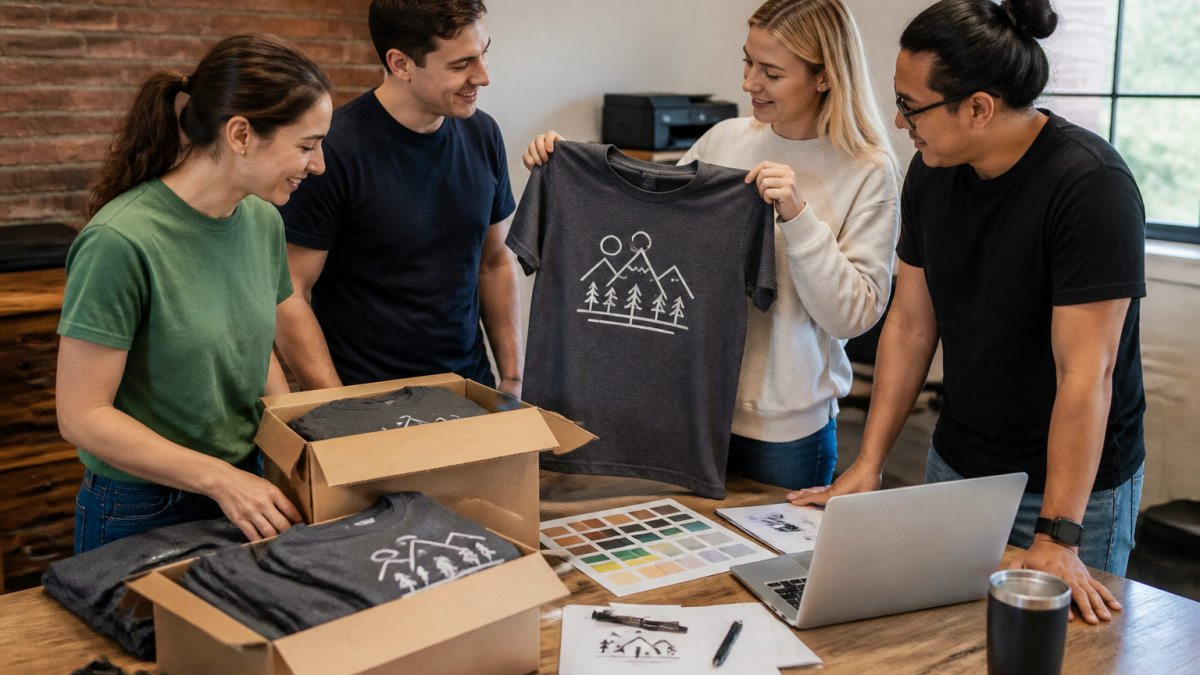 A small group of people around a wooden table unboxing fresh custom t-shirts, one person holding up a printed shirt to compare logo placement, design proofs and a laptop visible nearby, warm indoor lighting