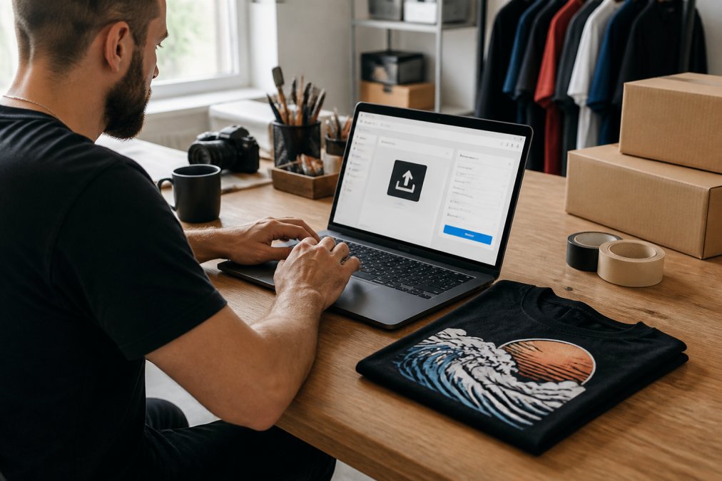 Person sitting at a well-lit desk using a laptop to upload artwork through an online design tool, with a folded printed t-shirt sample resting beside the keyboard