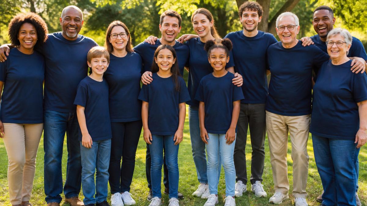 Diverse church group of mixed ages wearing matching custom t-shirts standing together outdoors in natural sunlight, smiling and linking arms to show unity, belonging, and shared purpose