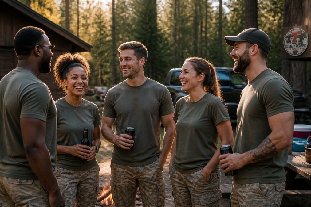 A diverse group of friends wearing matching custom tactical t-shirts, laughing and talking together at an outdoor gathering, warm late-afternoon natural lighting, candid moment