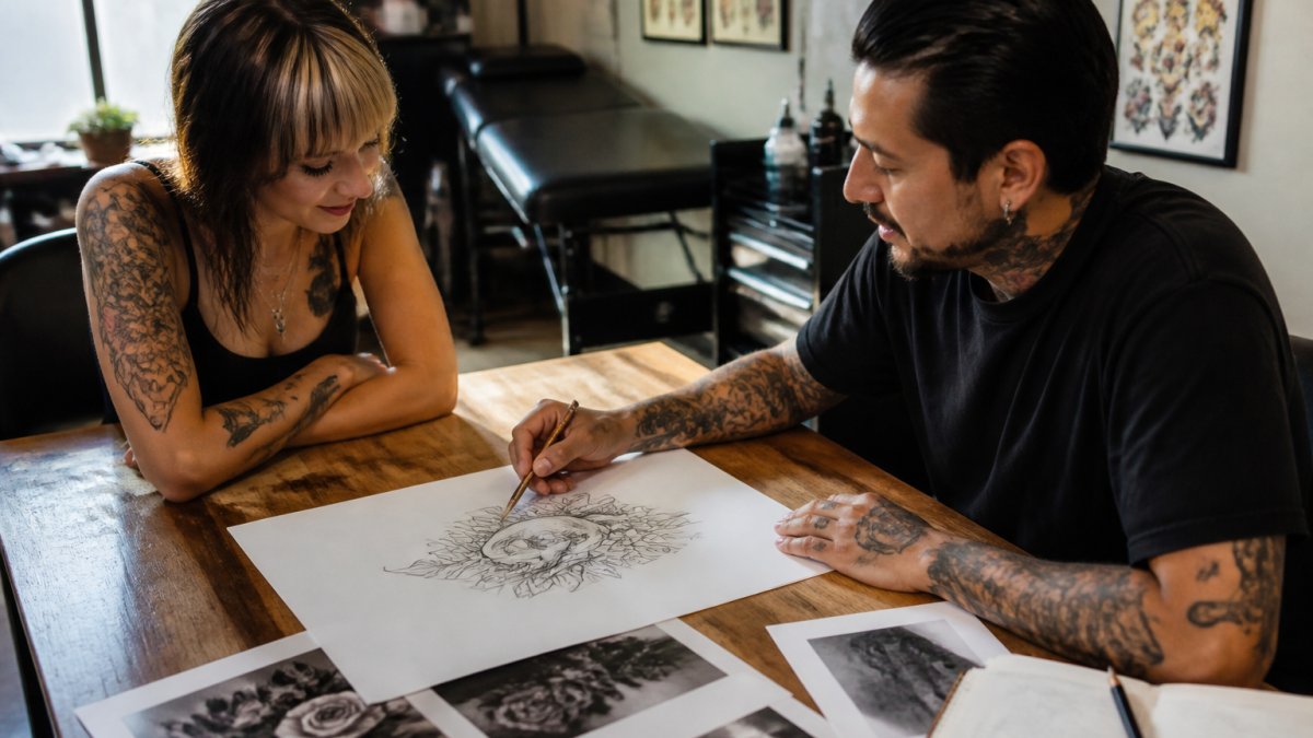 Flowchart illustrating the custom tattoo design process between an artist and a client at a studio table.