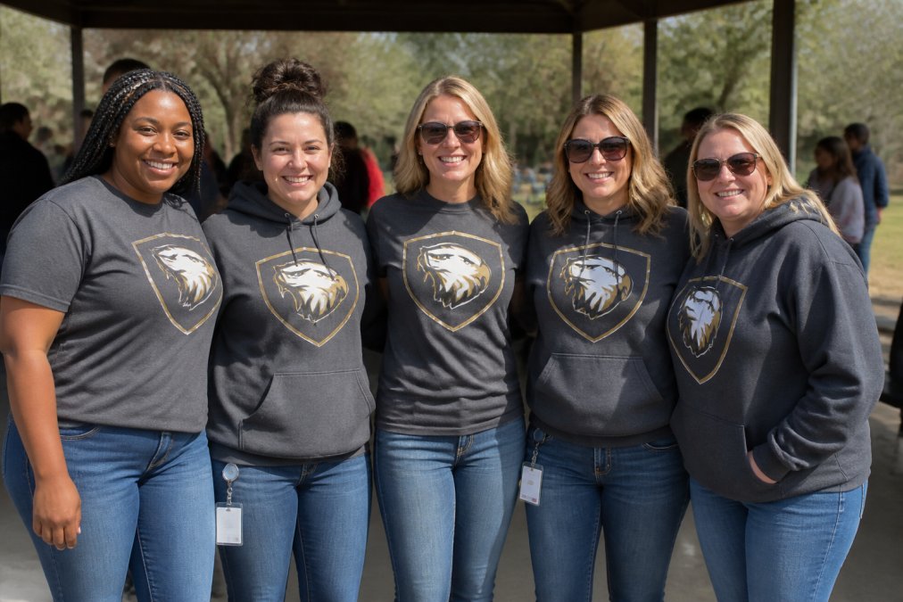Group of teachers wearing matching custom school spirit t-shirts and hoodies with personalized names and school logo, standing together at a school event with natural outdoor lighting
