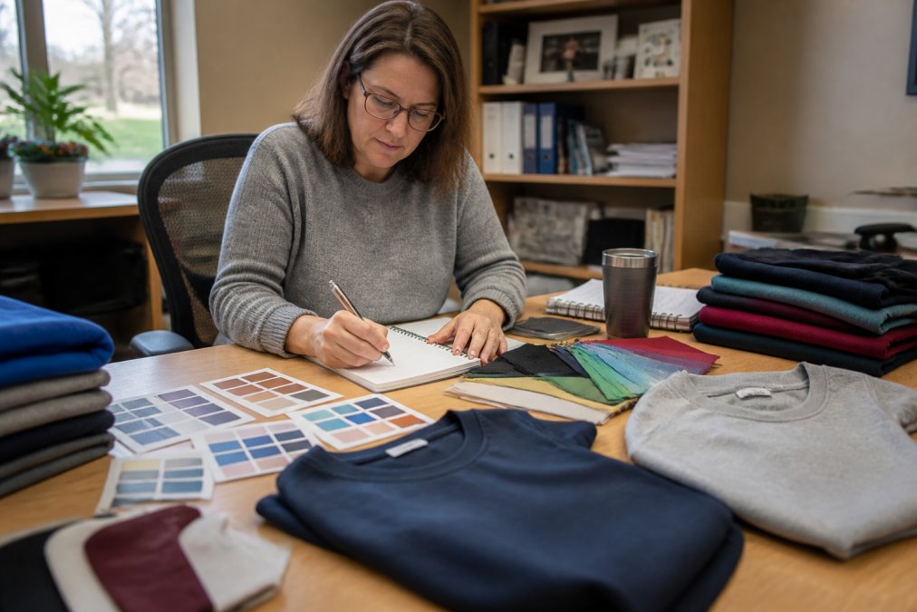 School administrator at desk reviewing apparel samples, color swatches, and taking notes on sizing and design preferences with natural office lighting