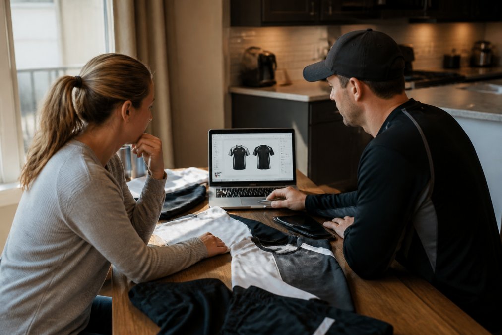A parent and coach reviewing a laptop screen together with custom team apparel samples spread across a table, showing a design proof on the screen, warm indoor lighting