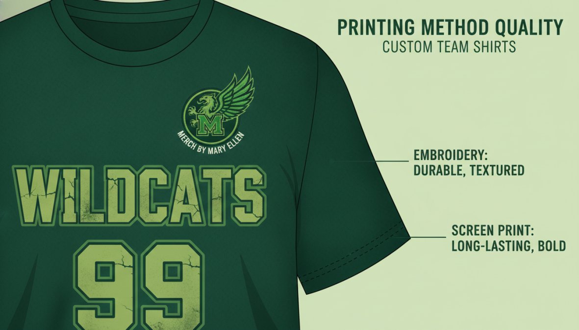 Close-up of finished custom team shirt showing embroidered logo detail and screen-printed design elements, displaying print quality and durability