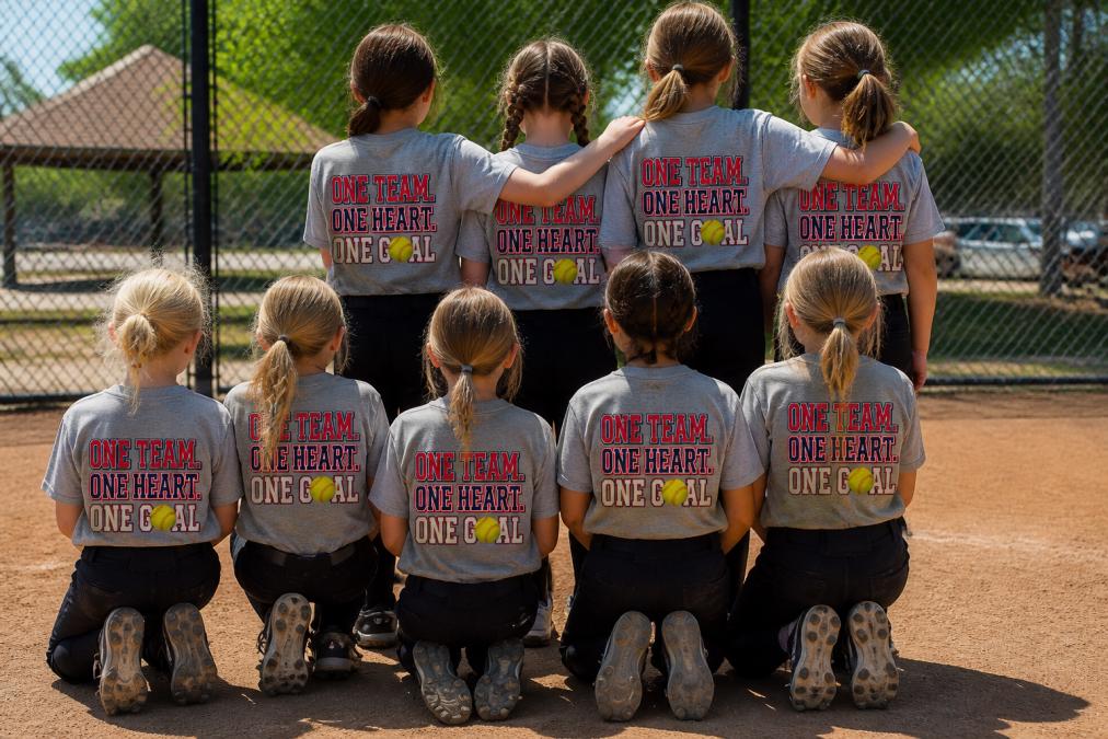 A youth sports team wearing matching custom-printed team shirts with personalized names and numbers on the back, posing together before a game with natural outdoor lighting