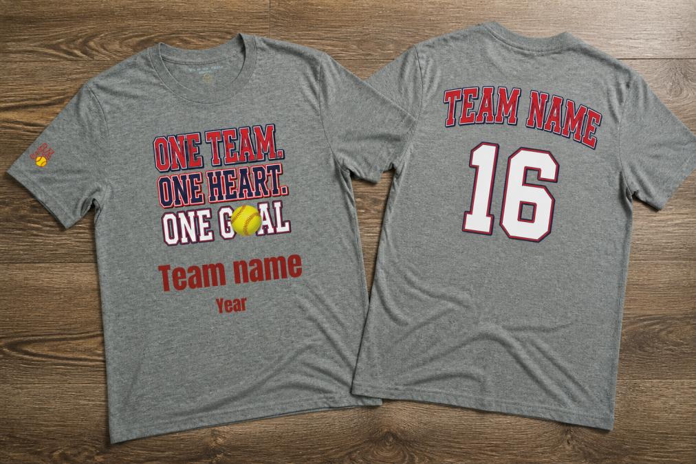 Close-up of a custom team shirt laid flat showing the front design with team name and logo, and back showing personalized player name and jersey number on high-quality fabric