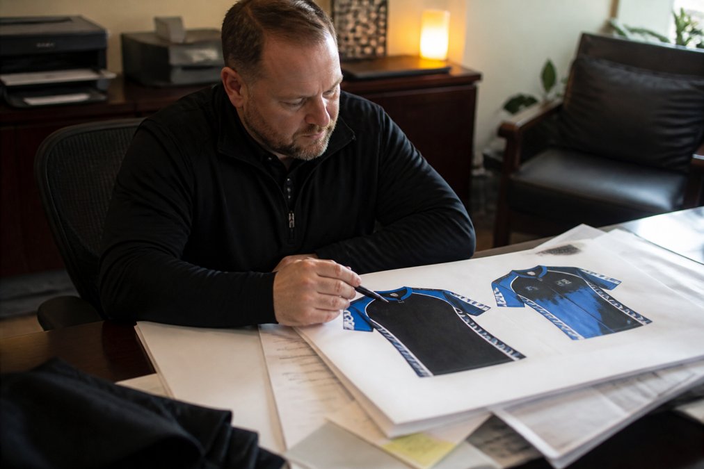 A coach reviewing a digital uniform proof on a laptop screen at a desk, leaning forward and pointing at the jersey design with a pen, warm office lighting in the background