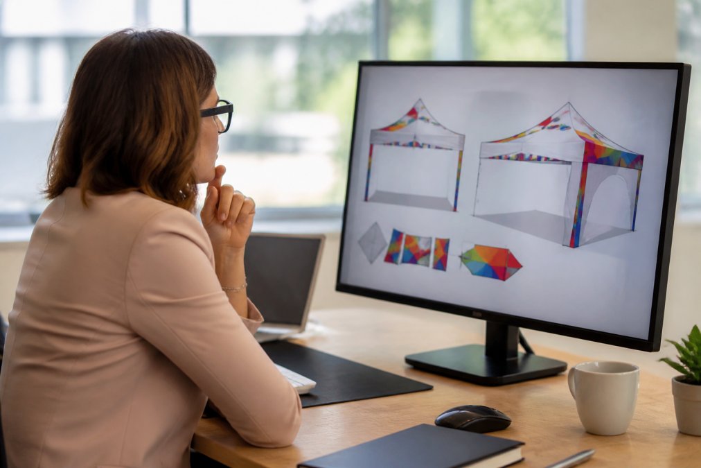 Professional event coordinator reviewing custom tent printing artwork on large display monitor in modern office setting with natural daylight