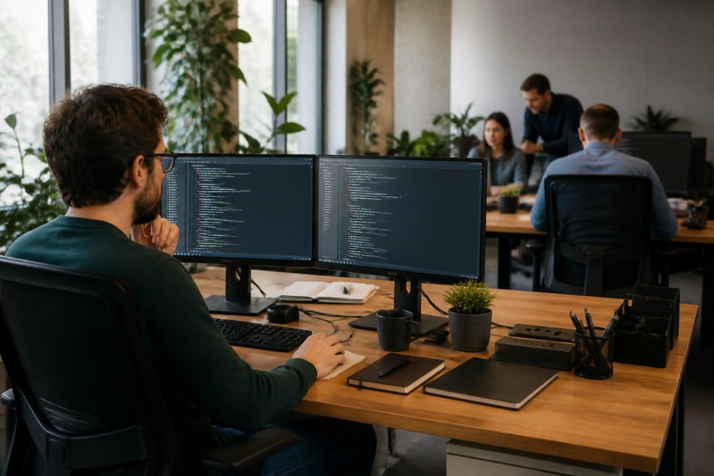 Senior developer reviewing clean, well-organized code on dual monitors in a modern development environment, with team members collaborating at nearby desks in natural office lighting
