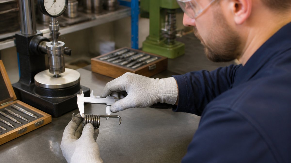 A quality inspector in a clean manufacturing environment using digital calipers and a torque tester to measure a custom torsion spring on a workbench