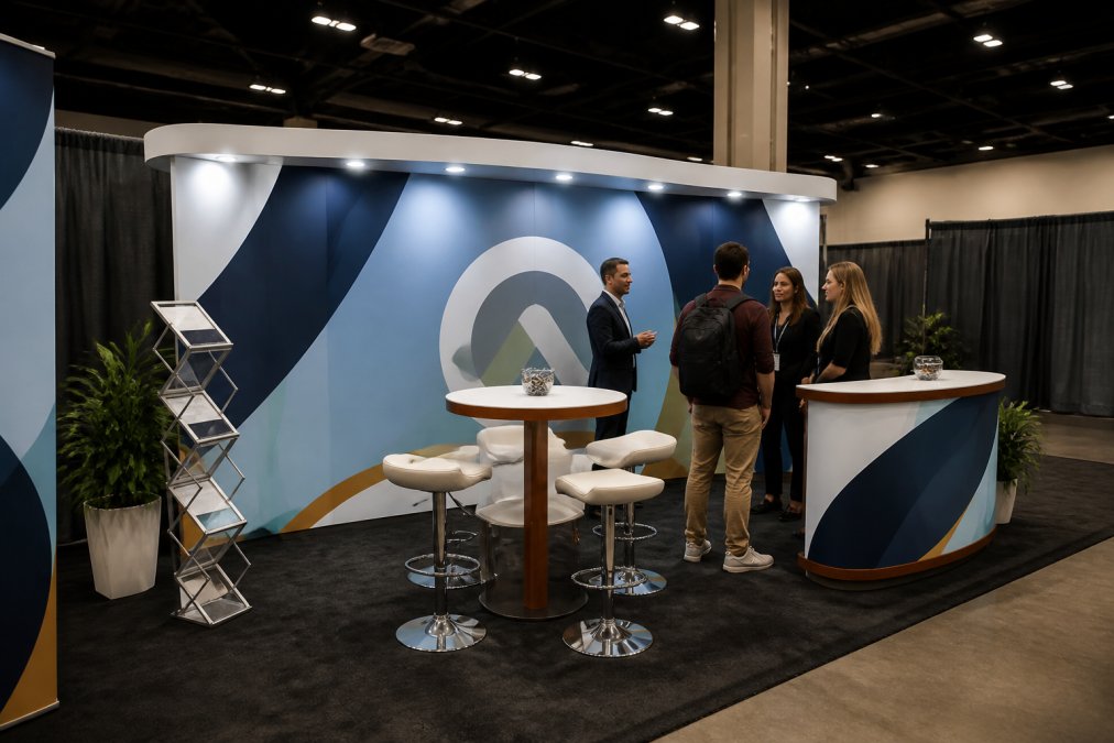 Professional trade show booth with custom tension fabric backdrop displaying high-resolution branded graphics in modern exhibition hall, showing booth footprint with modular display components and visitor engagement