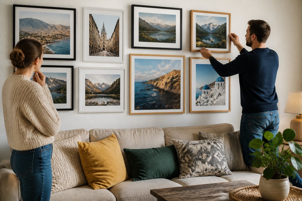 A bright living room with a gallery wall of framed travel posters in black, white and oak frames, showing a mix of city and landscape scenes above a neutral sofa with cushions