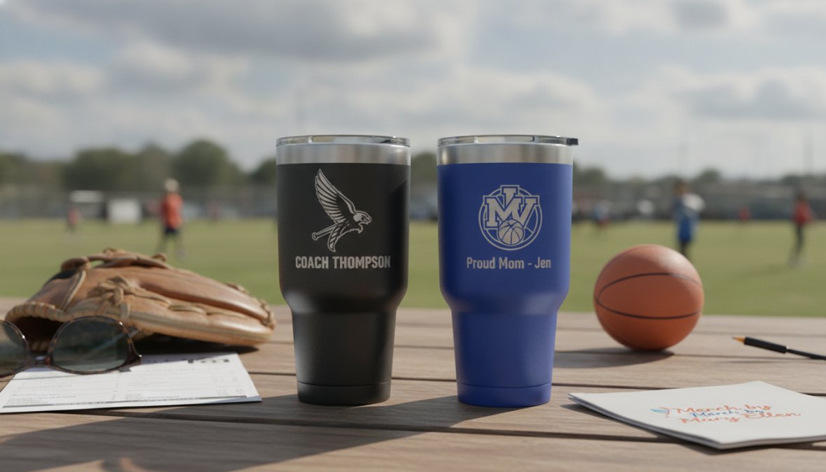 A sports parent holding a personalized stainless steel tumbler with custom team logo and child's name etched on the side, standing on the sidelines during an outdoor game with natural lighting