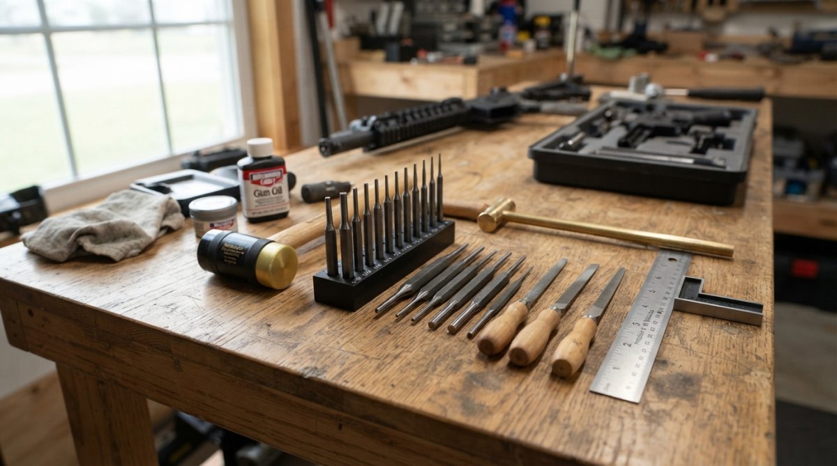 Close-up of gunsmithing tools laid out on a wooden workbench: punch set with multiple sizes, nylon mallet, specialized pin punches, needle files, and a small metal ruler, all organized neatly with natural window lighting