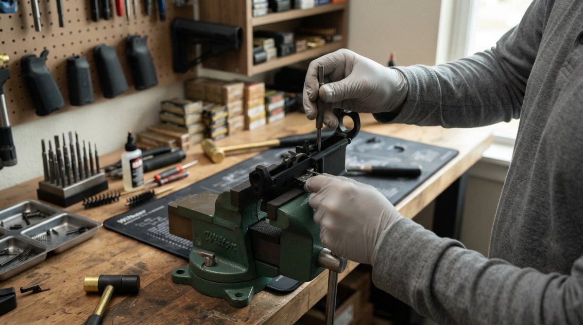 Hands performing custom trigger installation with a firearm frame secured in a padded vise, showing proper grip on punch tool and precise positioning during pin removal, with organized gunsmithing tools visible in background