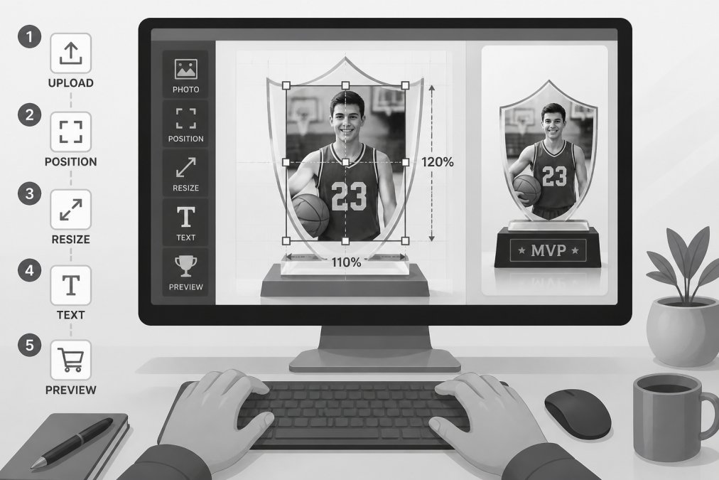 Person's hands positioned at a computer keyboard, screen showing an online trophy design interface with a photo being positioned and resized on a digital trophy mockup, warm office lighting
