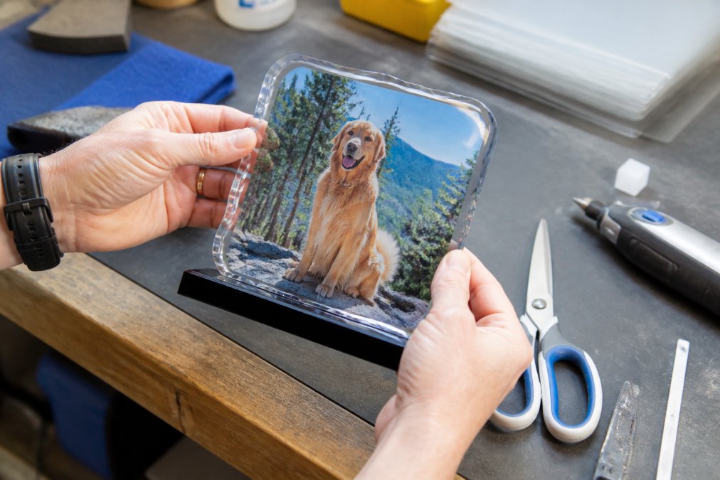 Hands carefully holding a finished custom photo trophy, examining the full-color image embedded in the acrylic top, natural daylight illuminating the details
