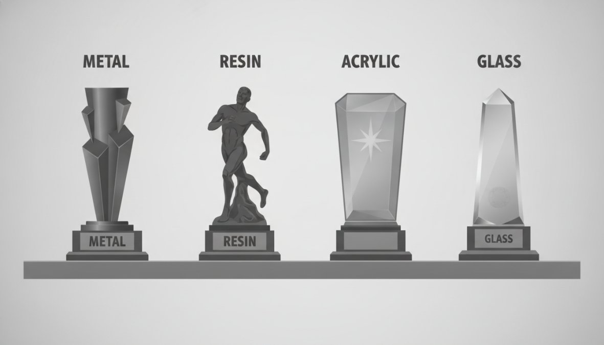 Close-up display of various trophy materials, polished metal, colored resin, clear acrylic, and etched glass trophies arranged on a shelf showing different finishes, colors, and engraving styles under professional lighting