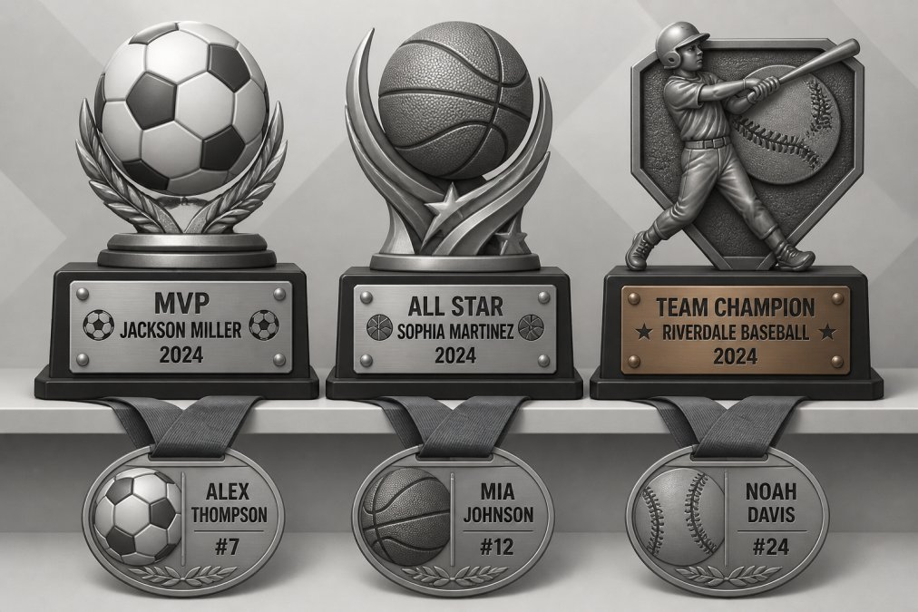 Close-up of engraved youth sports trophies and medals displayed on a shelf, showing personalized player names and championship dates engraved on bronze and silver plates with clear, professional lettering
