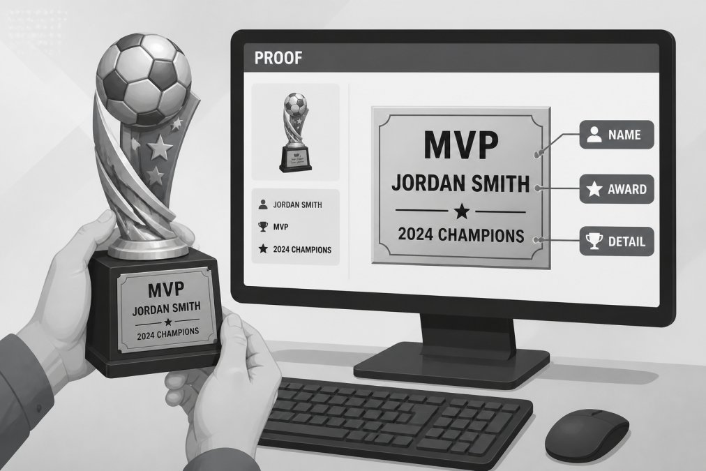 Hands holding a custom trophy while reviewing a detailed digital proof on a computer monitor, showing the engraved text, player name, and championship details clearly visible before final production