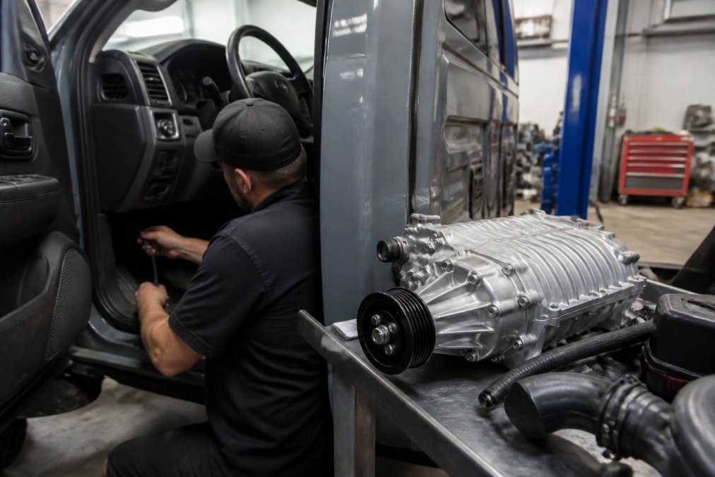 Mechanic connecting a laptop to a truck’s OBD-II port near a supercharger unit on a workbench