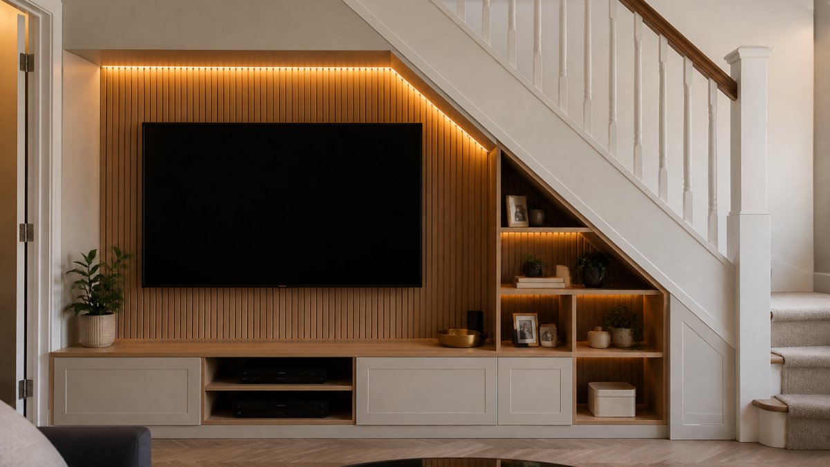 Completed bespoke under-stairs media unit with flat-screen TV mounted in wood-panelled alcove, integrated shelving displaying media equipment, warm accent lighting illuminating the feature wall in a modern living room