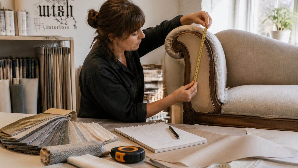 A person using a tape measure and paper template to document the curved arm of a vintage sofa in a bright workshop, with fabric swatches and a notebook nearby