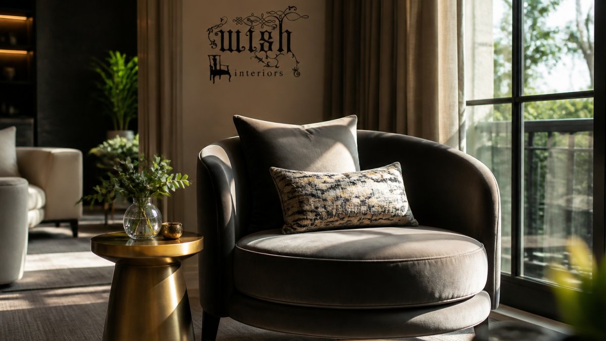 A sunlit boutique hotel lounge with a curved velvet armchair, brass side table and layered cushions, styled for a calm, luxurious guest seating area