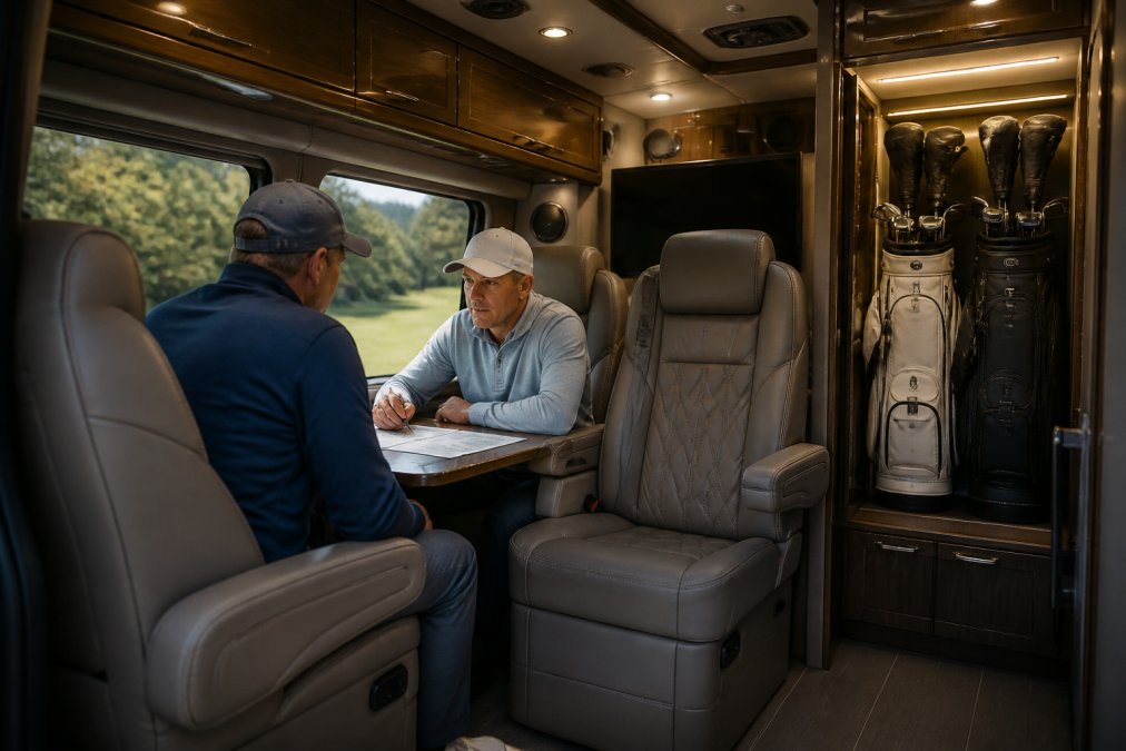 Interior of a luxury golf van showing plush captain's chairs, custom wood cabinetry with golf bags secured in dedicated storage, ambient lighting, and a small table area where golfers review course notes