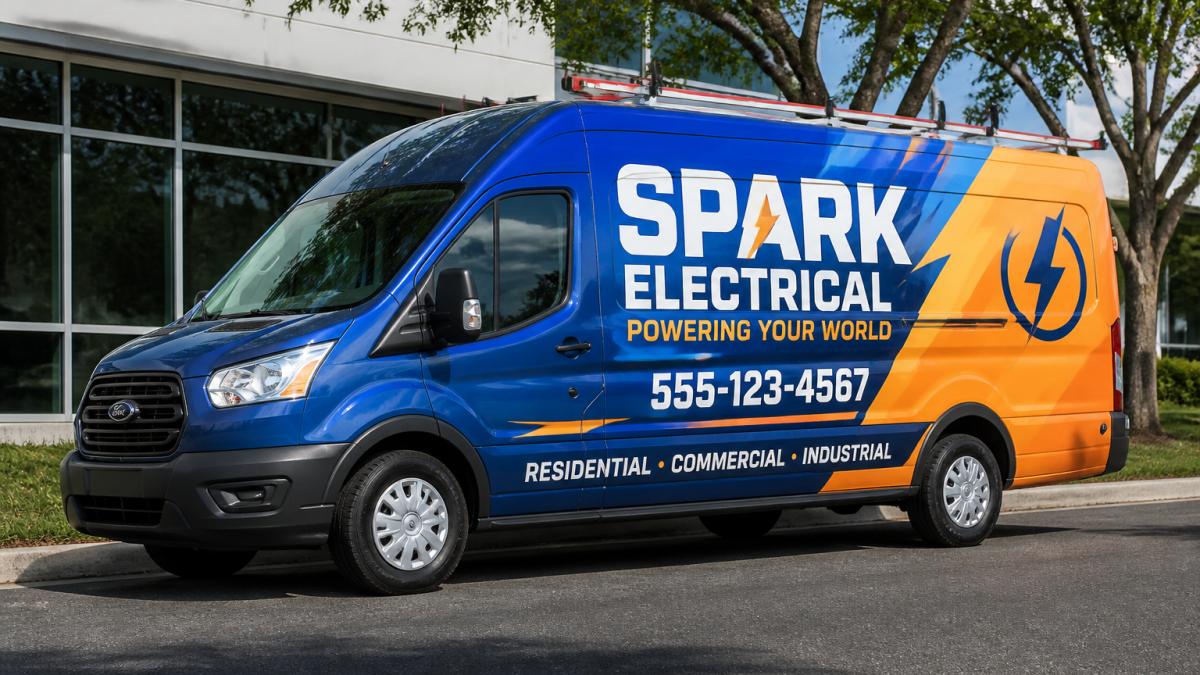 Work van parked on a street featuring bold custom vehicle graphics with a company logo and contact details.