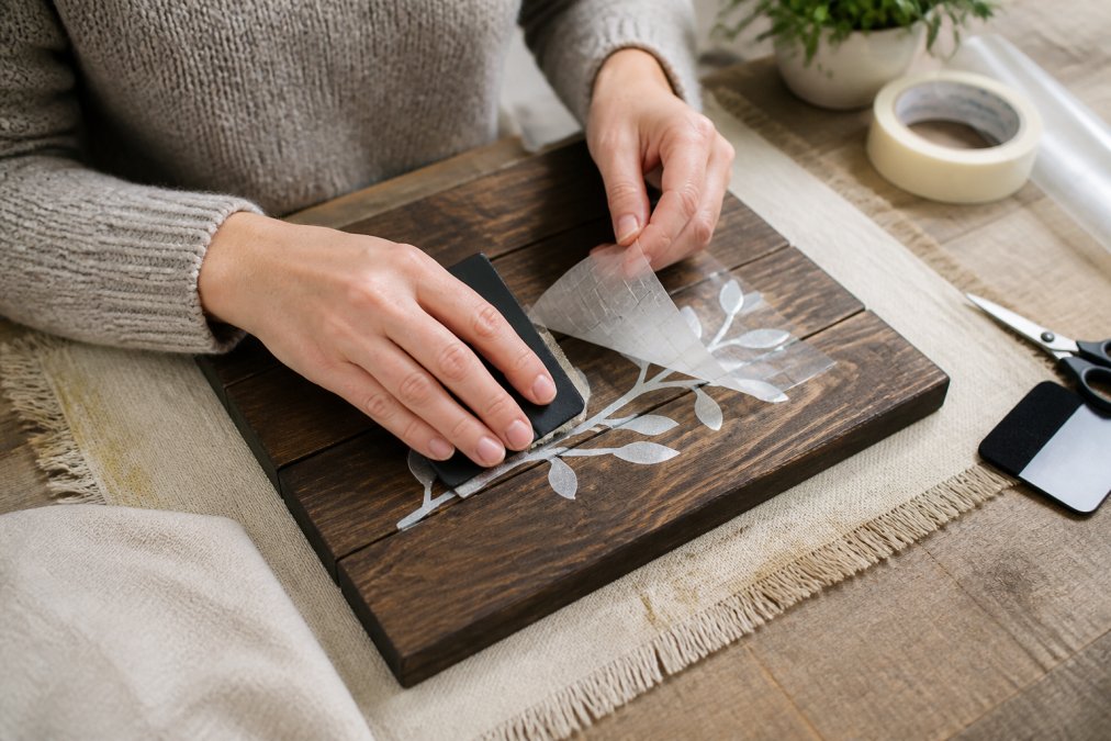 Close-up of hands smoothing a small vinyl decal onto a rustic wooden sign with a felt squeegee, transfer tape peeling back, warm workshop lighting with craft tools nearby