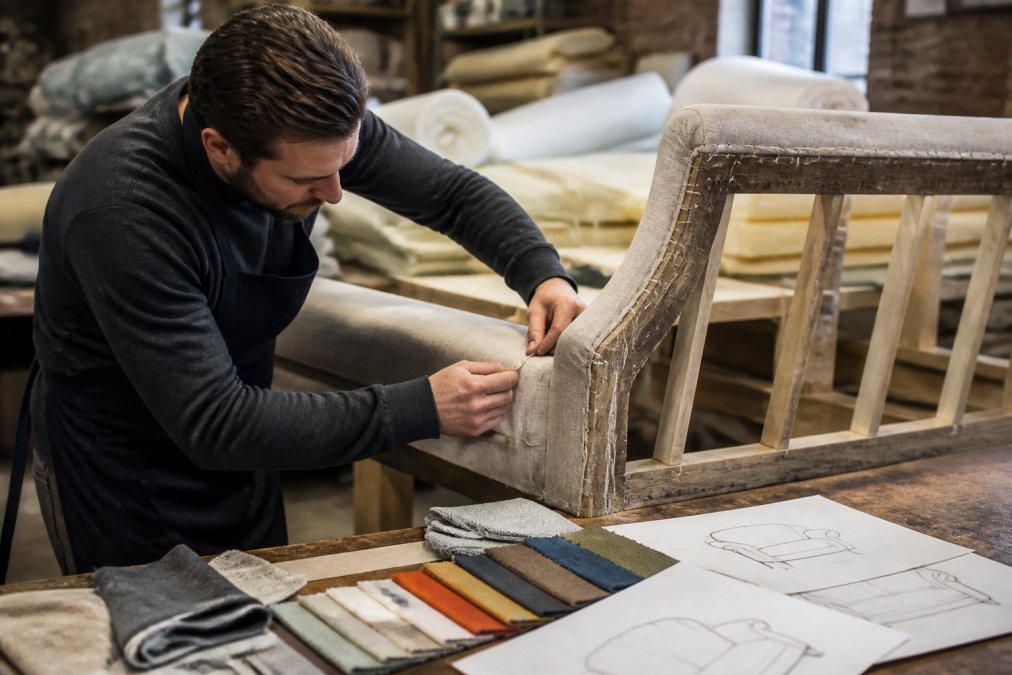 Skilled upholsterer working on a handmade sofa frame in a workshop, showing detailed stitching and fabric selection with colour swatches and design sketches nearby, natural workshop lighting