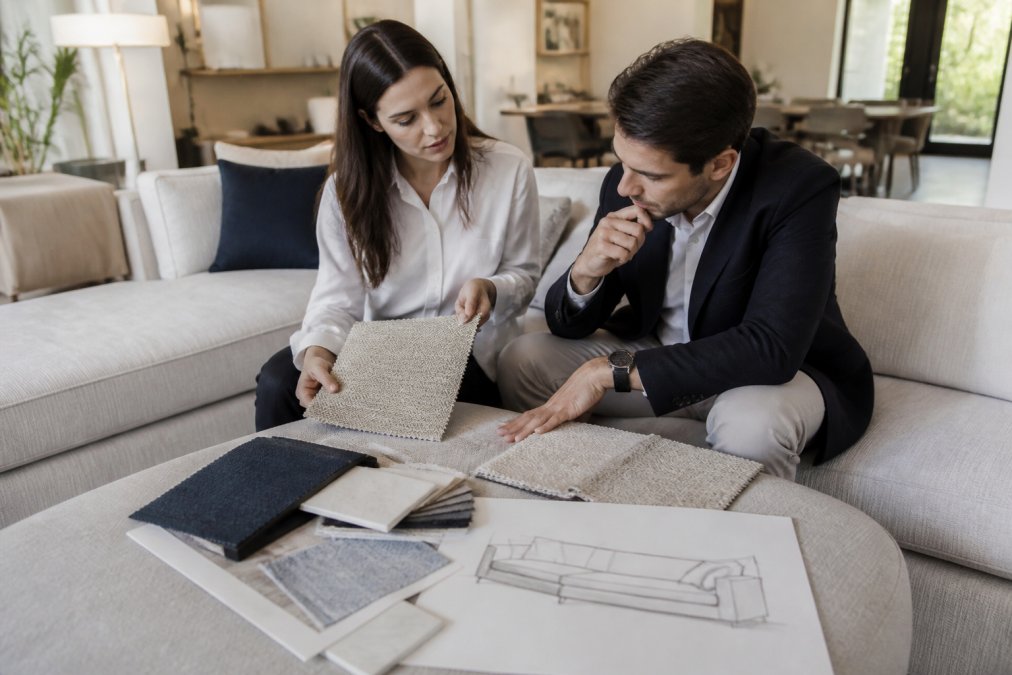 Interior designer and homeowner reviewing fabric samples and design sketches for a custom sofa in a bright, modern living room setting with natural light and existing furniture visible
