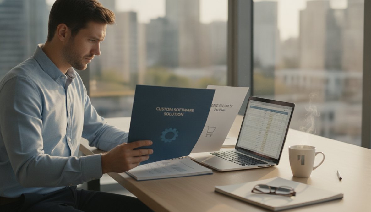 A business professional sitting at a modern office desk reviewing two printed software proposal documents side by side, laptop open to a comparison document, coffee cup nearby, warm natural light coming through floor-to-ceiling windows