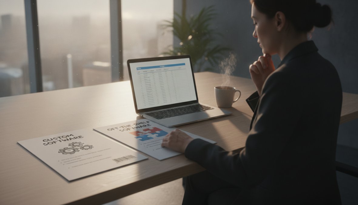 A diverse team of developers and business stakeholders collaborating around a whiteboard covered in sticky notes and workflow sketches in a bright open-plan tech office, with laptops and printed documents spread across a long table under natural light
