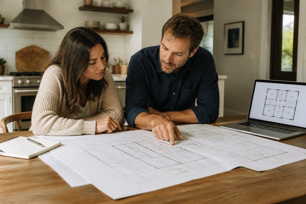 A homeowner and a contractor reviewing large-format architectural blueprints spread across a kitchen table, with a laptop showing a floor plan layout and a notebook nearby