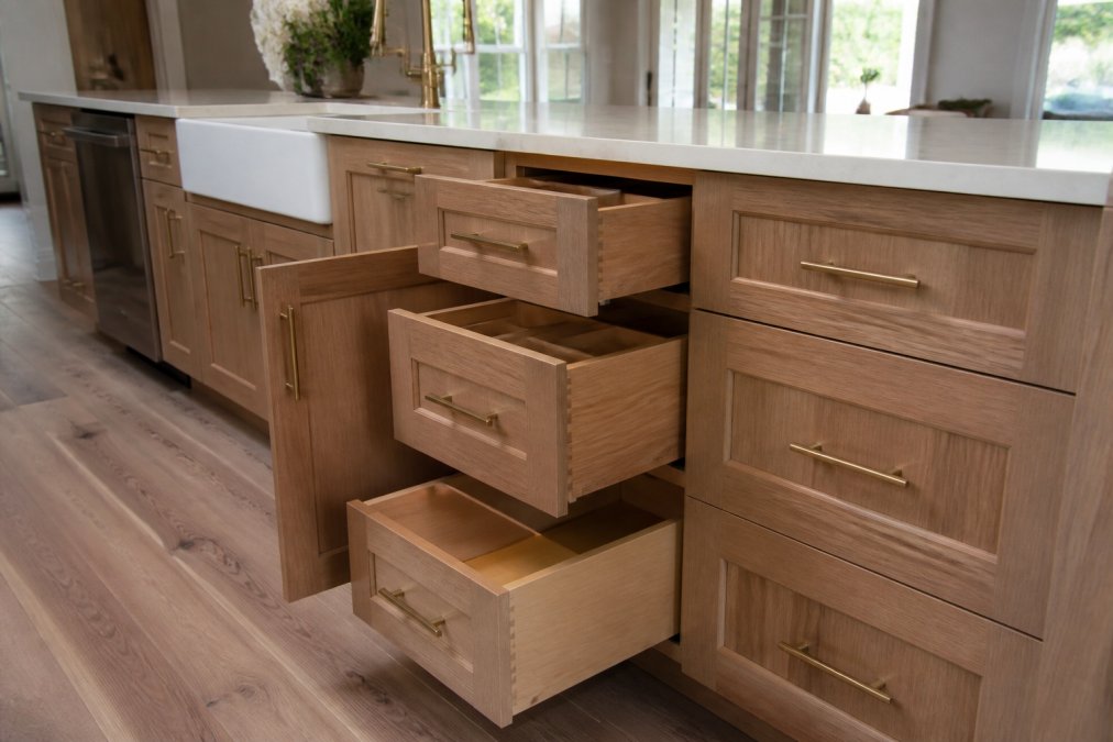 Modern kitchen featuring custom cabinetry with varied door styles, soft-close hinges, dovetail drawers, and premium hardware in neutral finish with natural wood grain visible